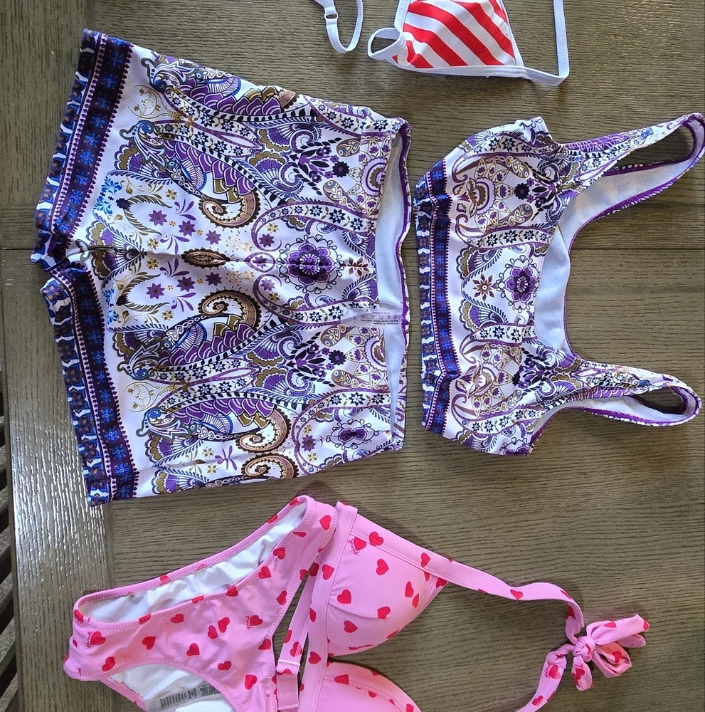 PINK Victoria's Secret Pink Heart Bikini And Shein Purple Paisley, 4th Of July